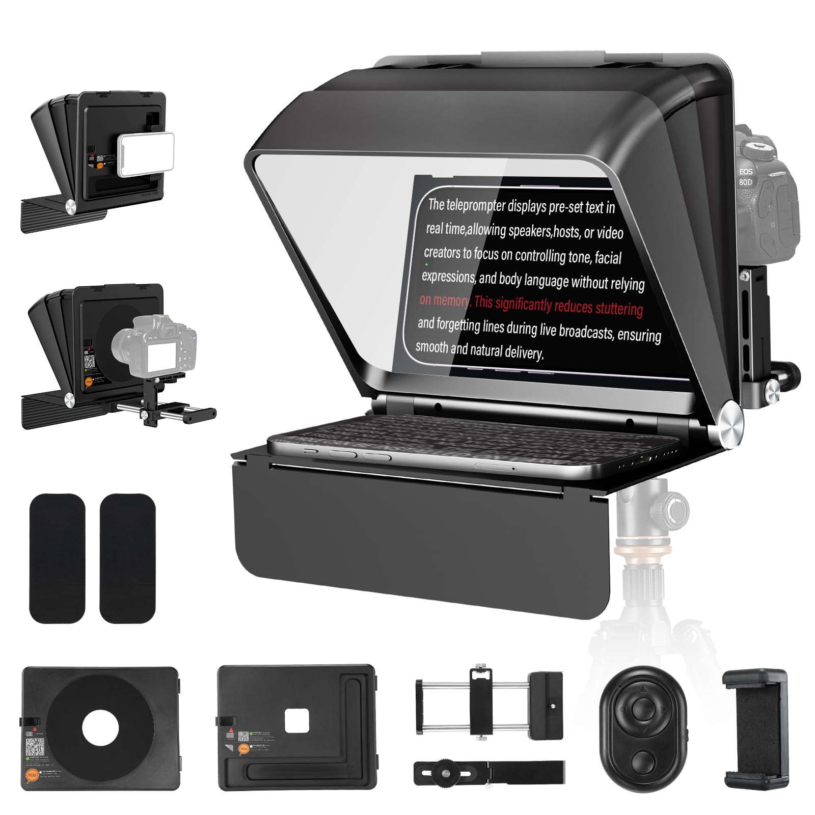 Soonpho T1 Teleprompter for Smartphone Tablet Camera DSLR up to 7.9 inches Supports Wide Angle Lenses with Remote APP Bluetooth Control Compatible with iOS/Android Systems for Vlog Live Streaming