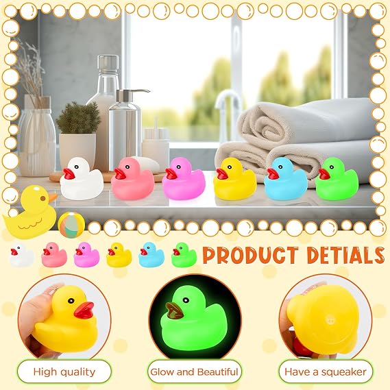 24 Pcs Glow in the Dark Rubber Ducks 2.2'' Luminous Mini Rubber Duck Fluorescent Tiny Light up Floating Squeaky Bathtub Toys for Baby Showers Summer Beach Pool Party Games (Colorful)