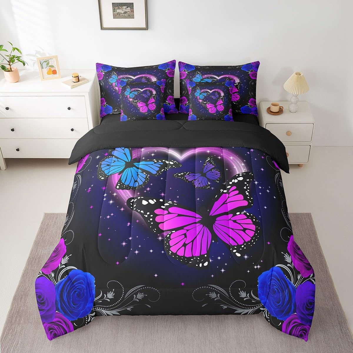 Blue Purple Butterfly 7 Piece Comforter Set Full Bed in a Bag Romantic Rose Sheet Set with Comforter,Galaxy Garden Flowers Bedding Sets,Rustic Animal Butterflies Bed Set,Aesthetic Room Decor