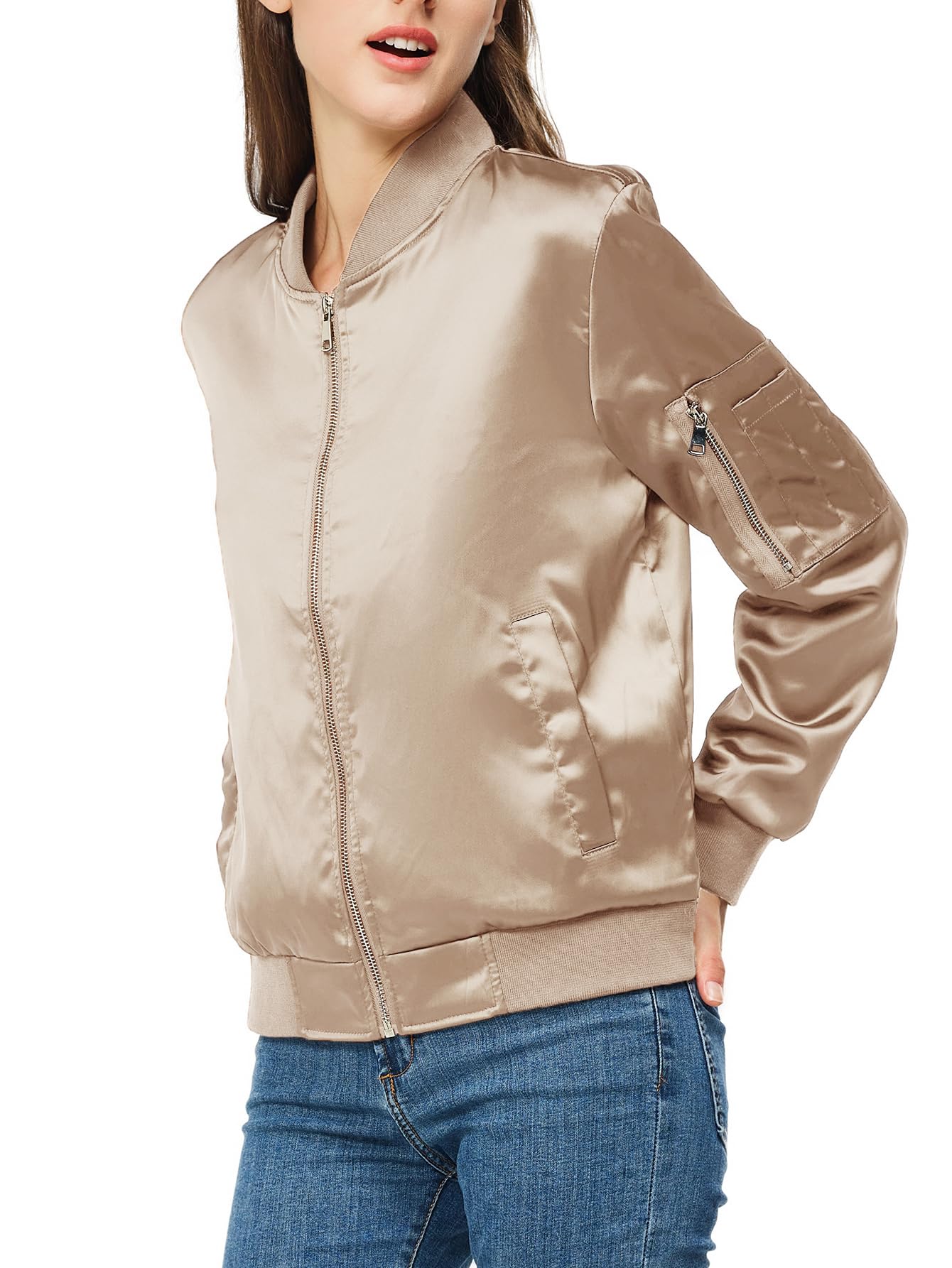 Rasujie Satin-Bomberjacke für Damen, Reißverschluss, Varsity-Jacke, Herbst, Windbreaker, Oberbekleidung mit Taschen