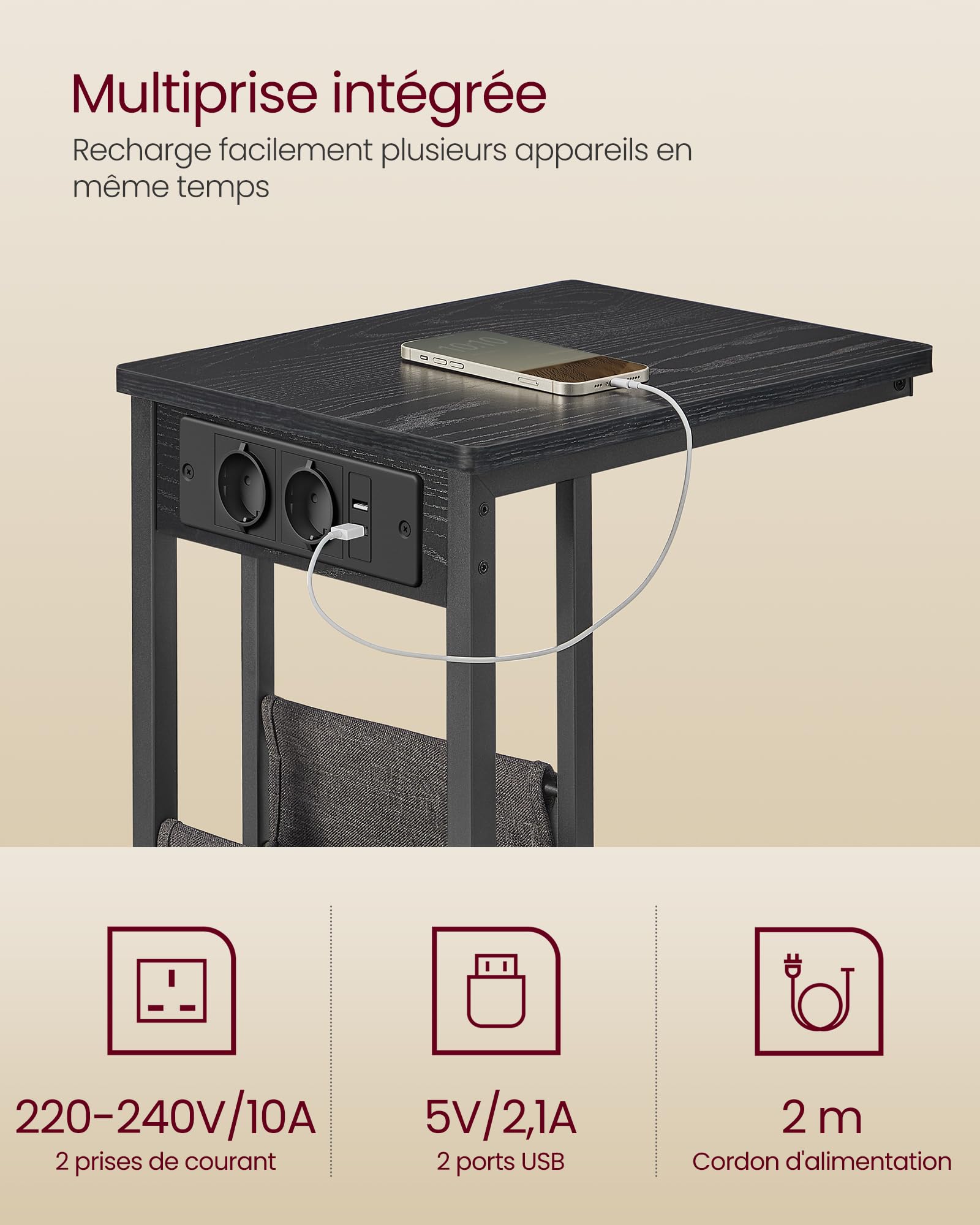 VASAGLE Table d’Appoint, Table de Chevet avec Multiprise, Bout de Canapé en Forme de C, pour Petits Espaces, 2 Ports USB et Prises, Sac, Pieds Réglables, pour Chambre, Salon, Noir Boisé LET356B02V1