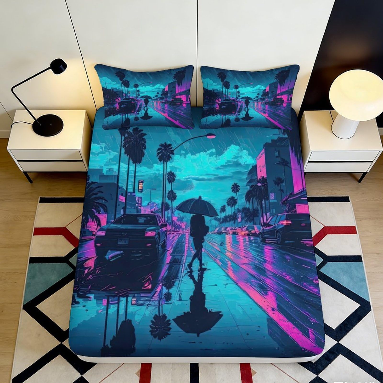 3D Printed Cyber City Fitted Sheet Microfiber Deep Pocket Non-Slip Bedding Urban Mattress Fitted Cover for Bedroom Adults 200x200x25cm 90x200x25cm