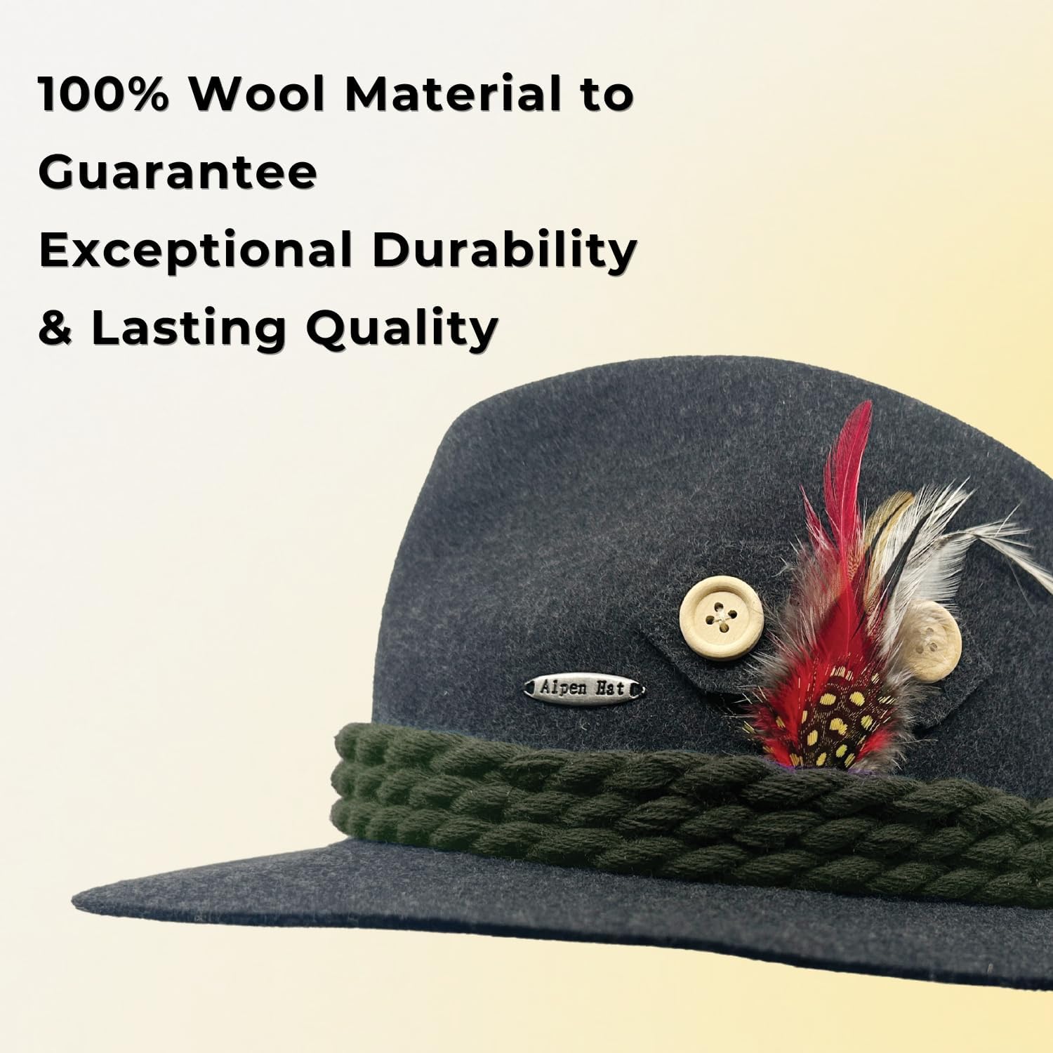 German Hat | 100% Wool Hats for Men & Women - Bavarian Tirol Alps Wool Hat with Feather & Sweat Band | Fedora
