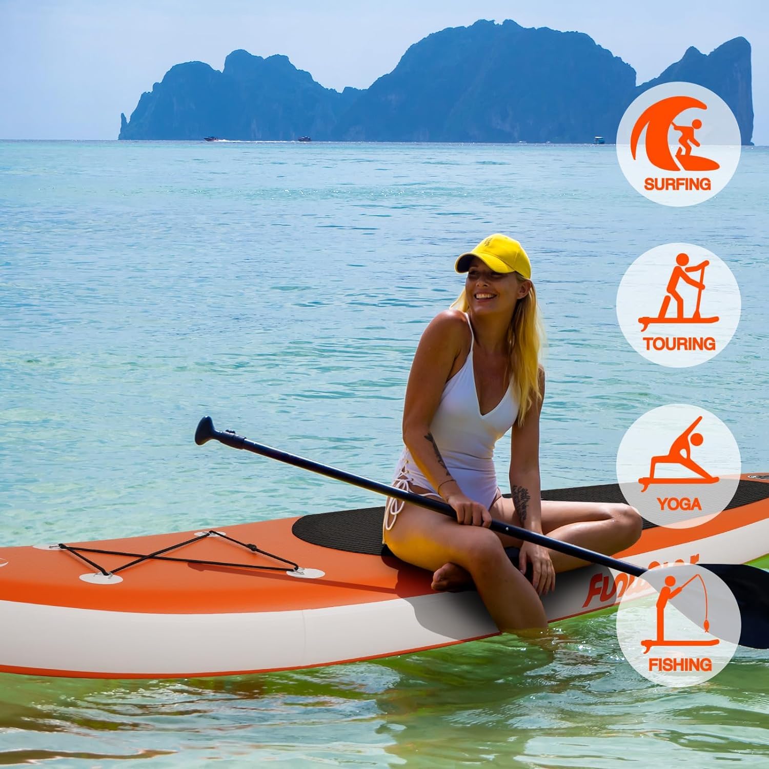 FunWater Tabla de Paddle Surf Hinchable, Ultraligera para Todos los Niveles, Tabla de Paddle Surf con Remo Ajustable, Tres Aletas, Kit de Mantenimiento, Conector de Válvula