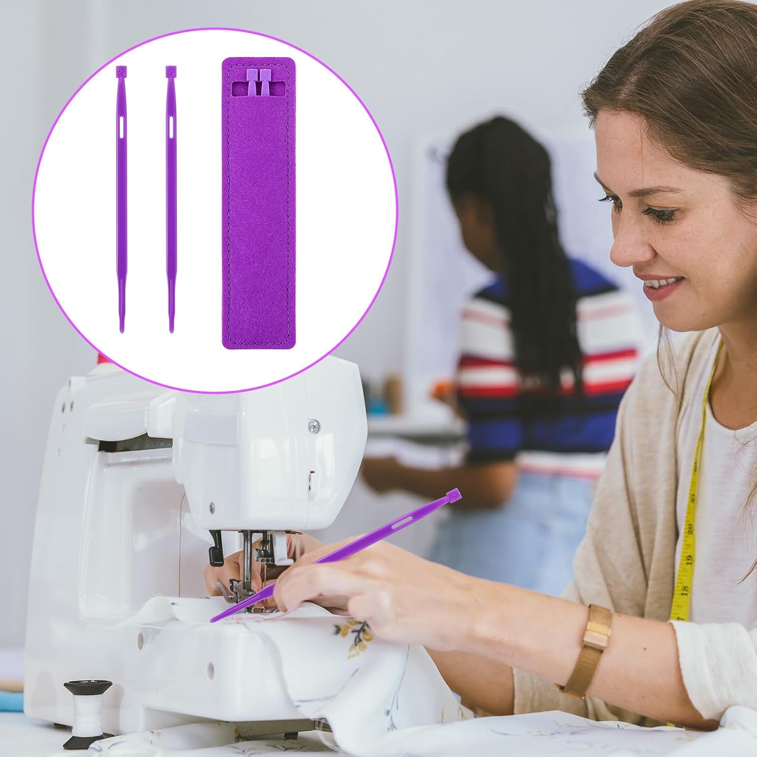 Ymapinc 2Pcs Purple Thing Sewing Tool, Quilting Point Turner Tools for Sewing Craft Projects Use Sew on Tools Stiletto Accessories (2 Plastic Threaders + 1 Wool Felt Bag)