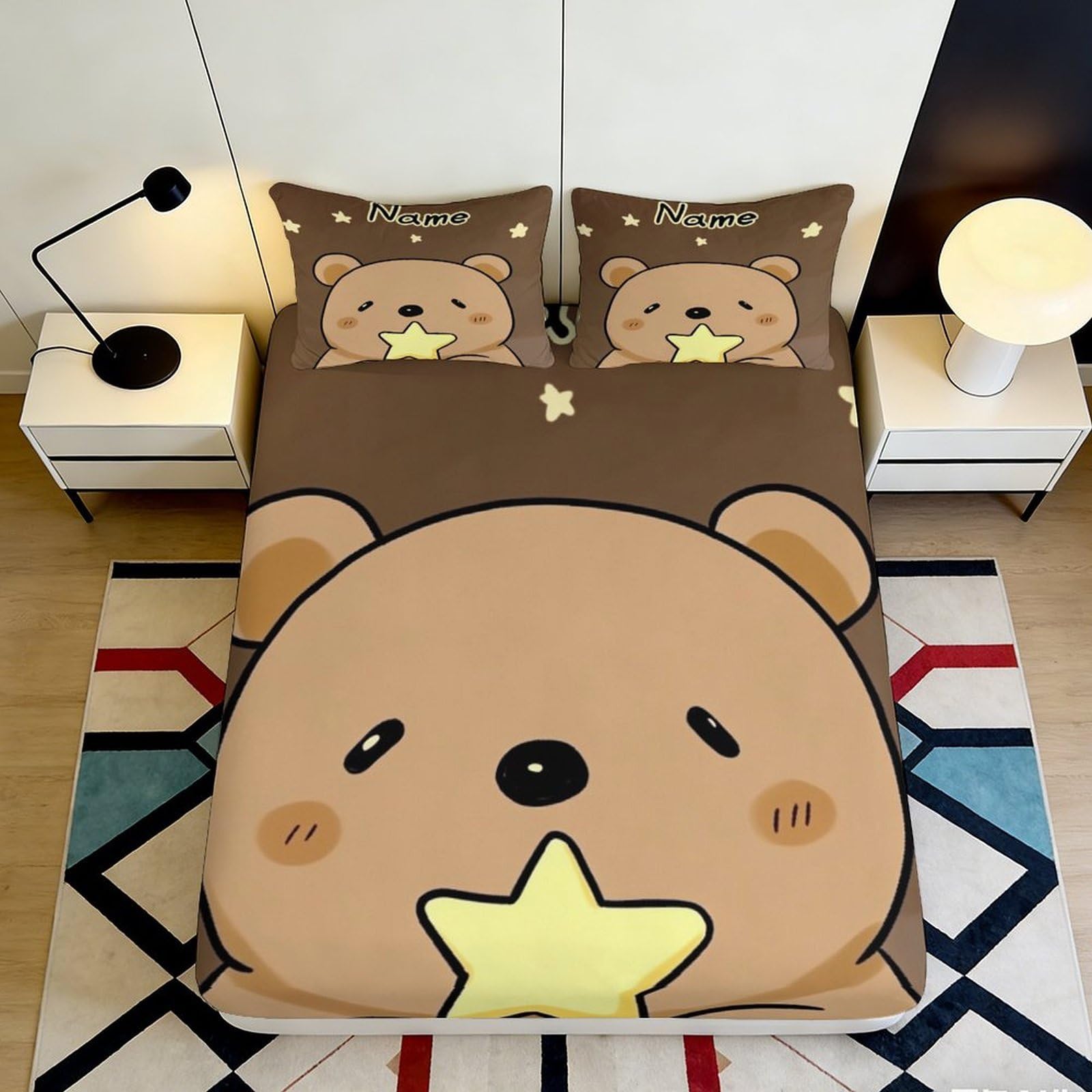 Jqzkxnhpbr Style-7 3D Printed Cute Bear Fitted Sheet Microfiber Soft Brown Cartoon Star Mattress Cover For Bedroom Dorm Guest Room Decor 90X200x25cm