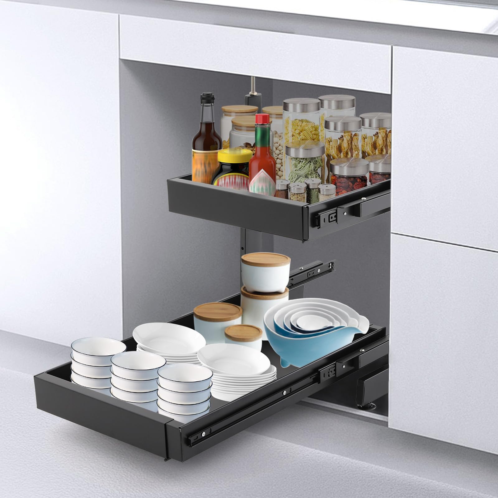 Organizer per lavello a 2 livelli, regolabile in altezza, cassetto telescopico sotto il lavandino, ripiano sotto il lavabo, organizer per mobile sotto il lavabo, cassetto interno, organizer