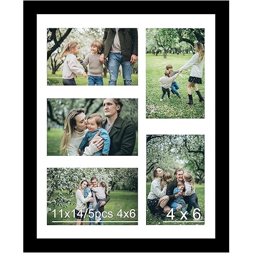 11x14 Picture Frame, 4x6 Collage Picture Frame, Display 5 Pcs 4x6 Photos or 11x14 Picture, Five Opening 4x6 Collage Frame for Wall Hanging, Lightweight 4 x 6 Multi Pictures Frame, Black