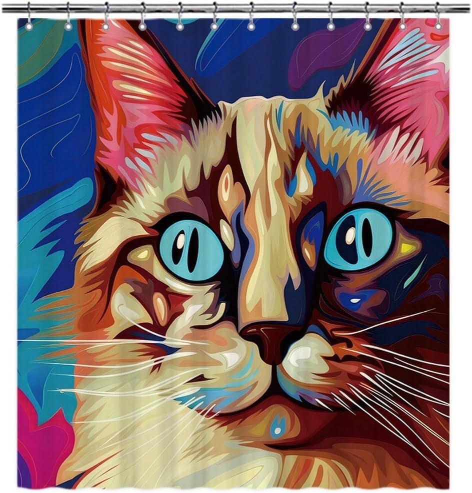 Funny Balinese Cat Shower Curtain for Bathroom Decor Lovely Cat Pet Animal Print Bath Curtains Colorful Home Decoration with Hooks 66x72 Inch Style 2