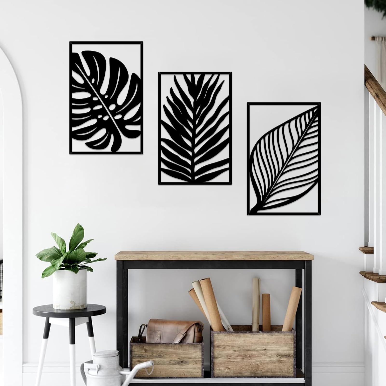 Resama Schwarz Wanddeko aus Metall, Moderne Minimalistische Metall Wanddekoration, 3 Stück Tropische Palmenblatt Wanddekoration für Küche, Schlafzimmer,Wohnzimmer