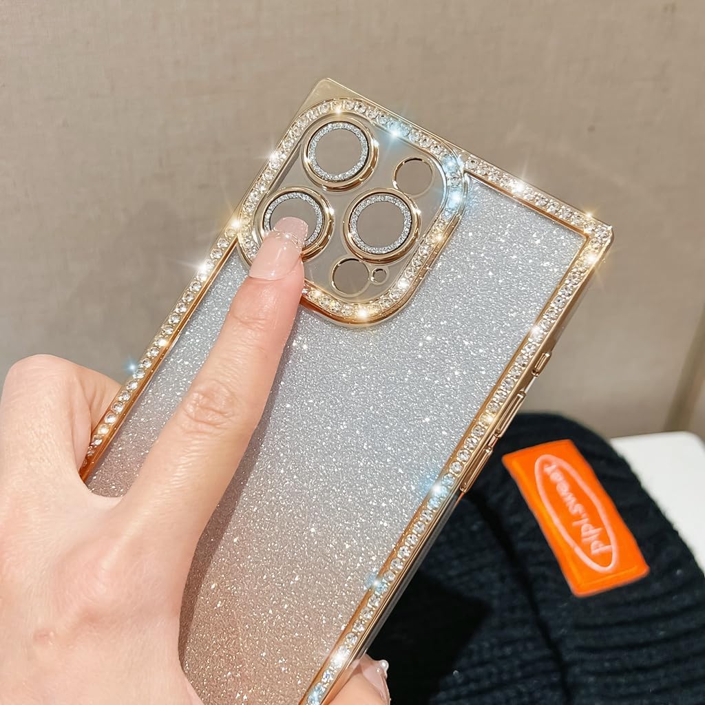 Cute Compatible with iPhone 14 Pro Max Case Rectangle Edge for Women,Luxury Glitter Case with Bling Rhinestones Sparkle Slim Camera Protective 14 Pro Max Case - 6.7 inch (Gold) image 5