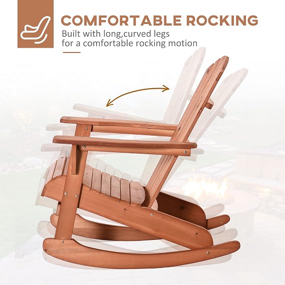 Outsunny Wooden Adirondack Rocking Chair Outdoor Lounge Chair Fire Pit Seating with Slatted Wooden Design, Fanned Back, Classic Rustic Style for Patio, Backyard, Garden, Lawn, Teak