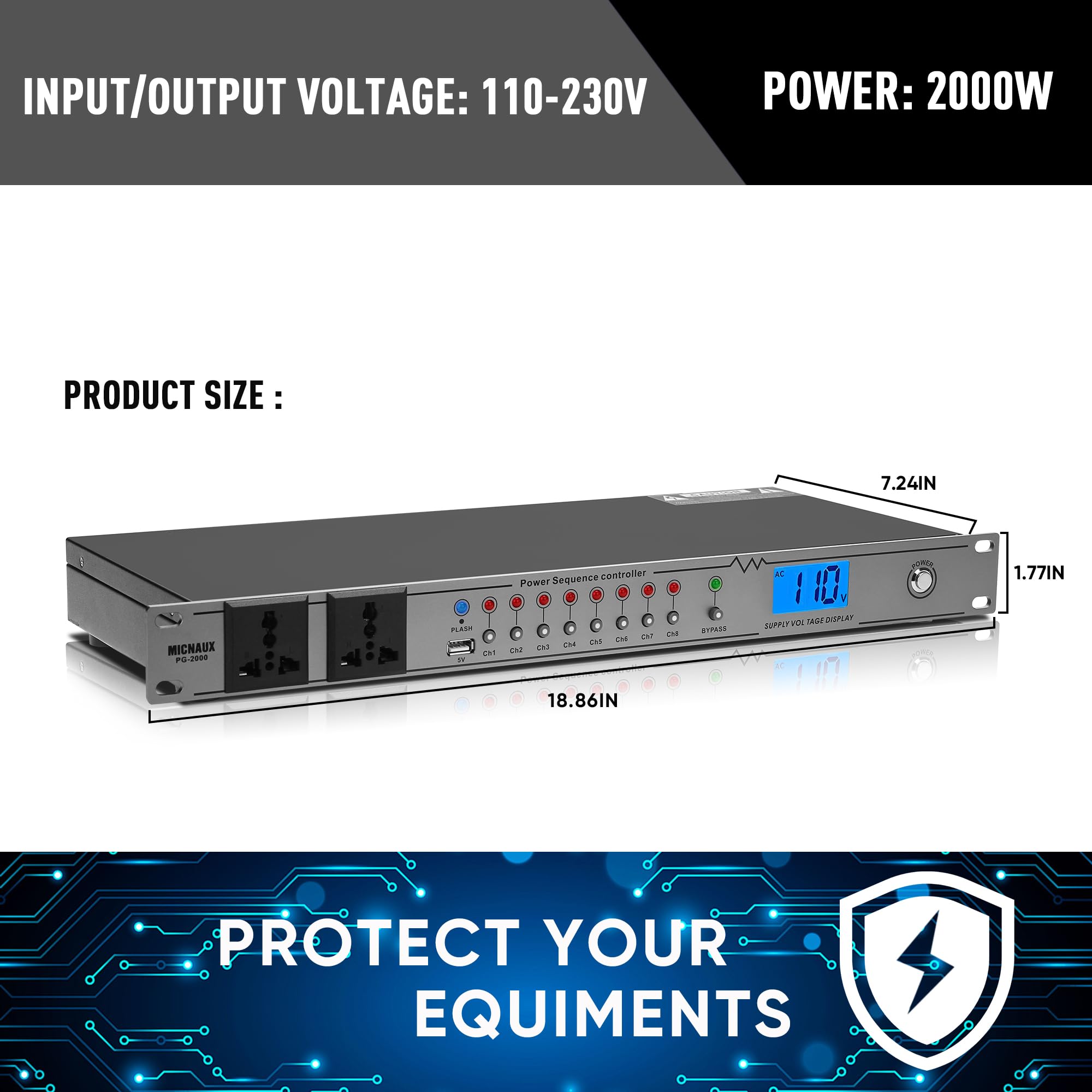 20A Rackmount Sequenzer Power Conditioner für Audiogeräte 10 2000W Netzstecker mit 8 unabhängigen Steuerungen, Überspannungsschutz