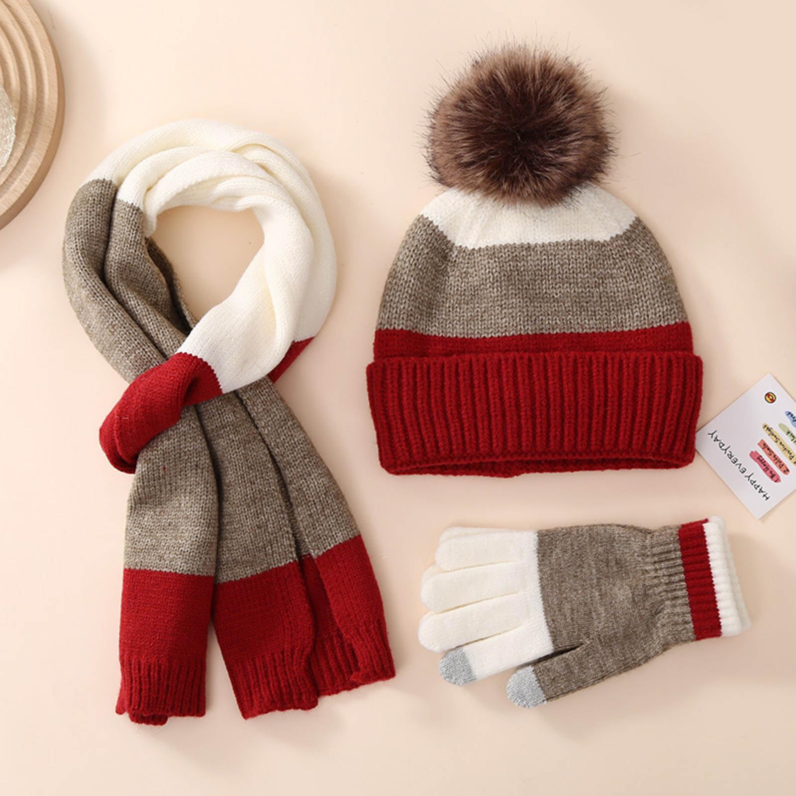 Juego de gorro, bufanda y guantes para niños, gorro de invierno con pompón y gorro de punto cálido para niñas y niños, gorro de invierno, bufanda y guantes