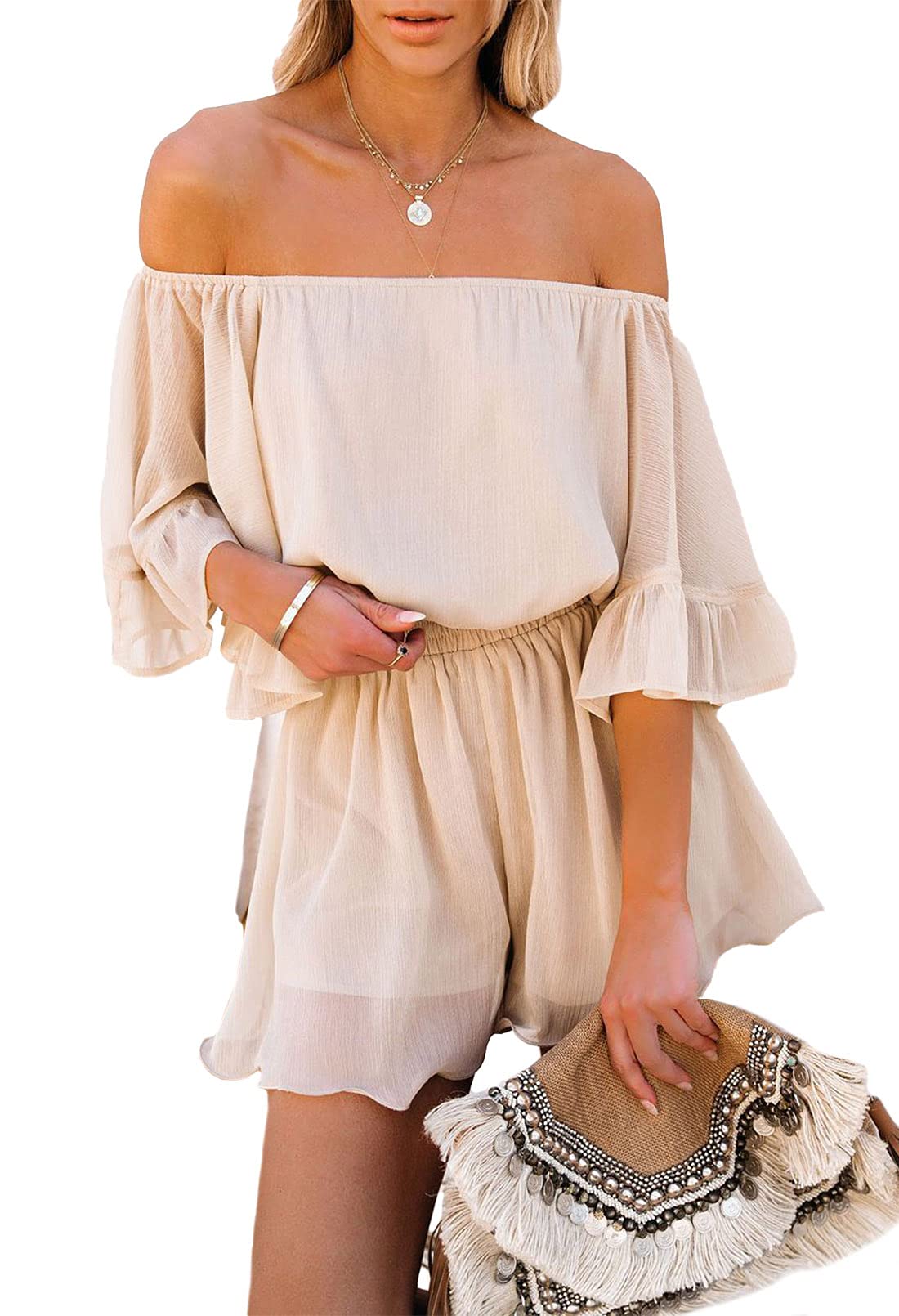 Photo 1 of Fixmatti Women Boho Summer Romper Casual Floral Print Off Shoulder Strapless Shorts Jumpsuits Z-apricot Large