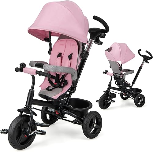 HONEY JOY Triciclo, cochecito 5 en 1 para niños con asa de empuje ajustable y toldo, asiento reversible, cinturón de seguridad, pedal plegable,