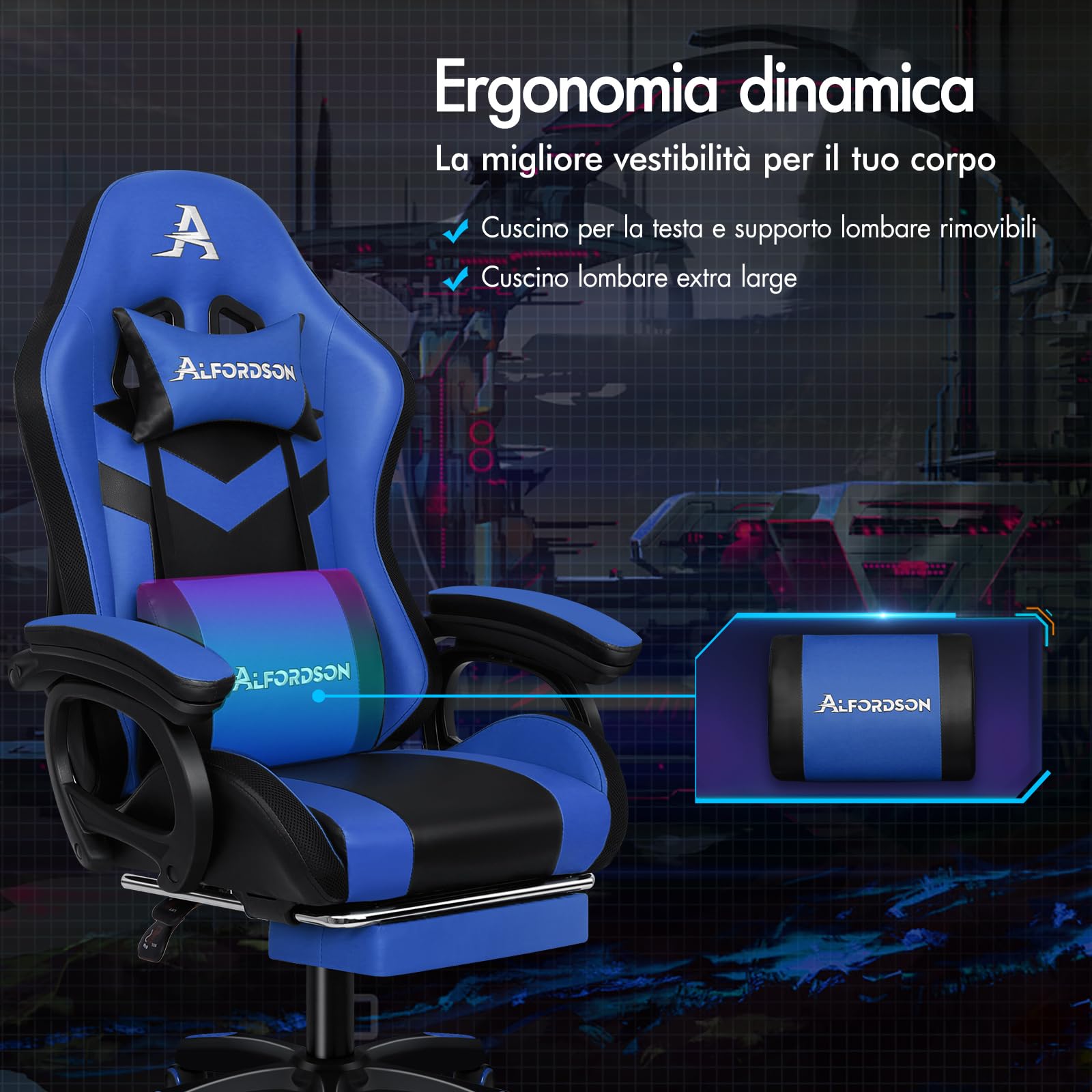 ALFORDSON Sedia Gaming Massaggiante con Luci LED y Poggiapiedi Blu | Poltrona Gamer in Similpelle Serie MARC, Cuscini schiena e lombare con massaggio, poggiatesta e supporto lombare