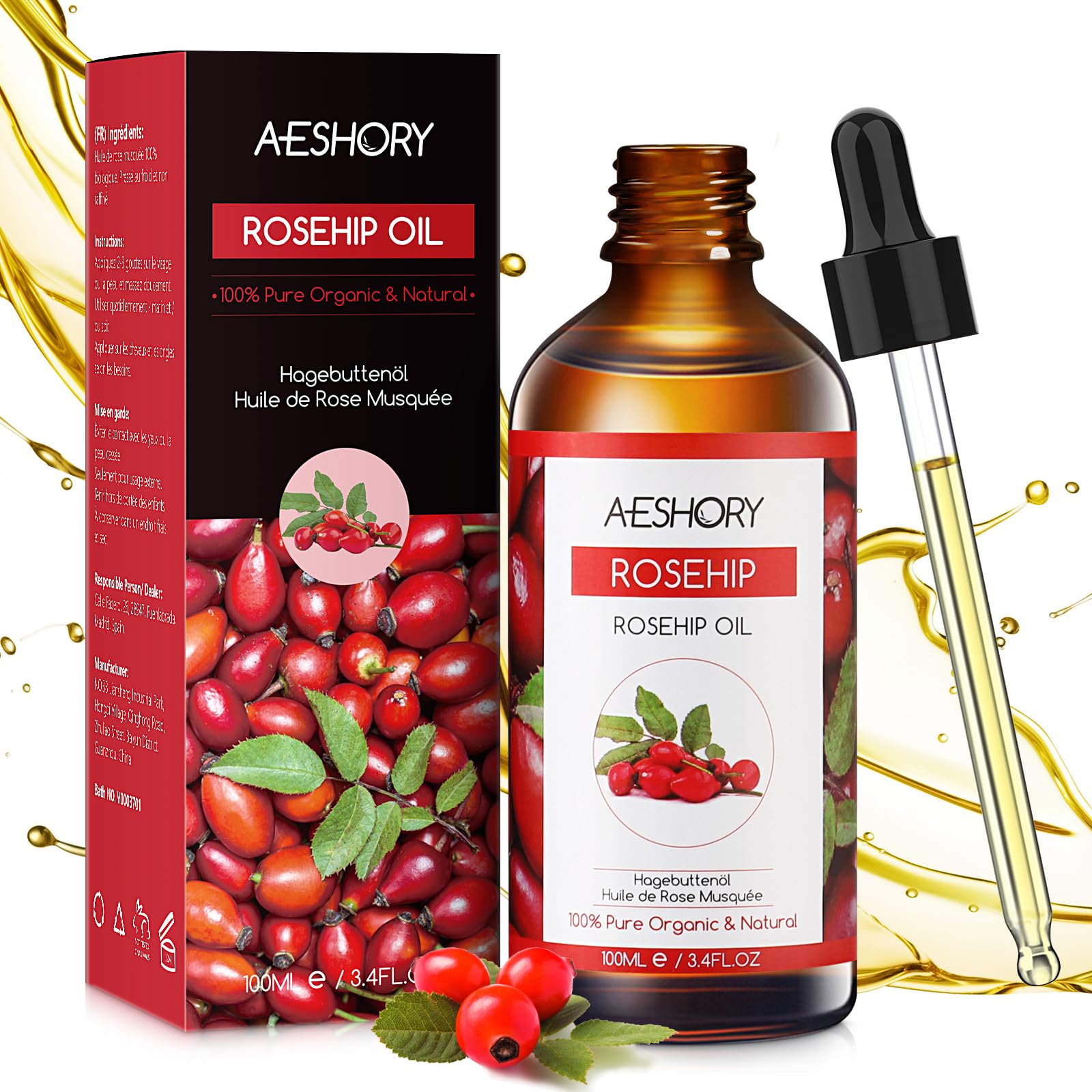 Aeshory Olej Z Dzikiej Róży Tłoczony Na Zimno 100 Ml, Czysty I Naturalny, Nawilżający I Odżywczy Olej Z Nasion Dzikiej Róży Do Twarzy, Skóry, Włosów, Paznokci I Ciała