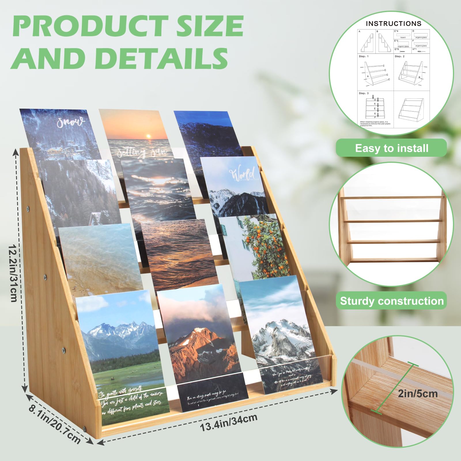 CAWUWE 4-Tier Bamboo Greeting Card Display Stand, Sticker Display Holder with Clear Acrylic Panels for Cards Postcard Photos Brochure, Postcard Holder for Home Birthday Office Market Decor