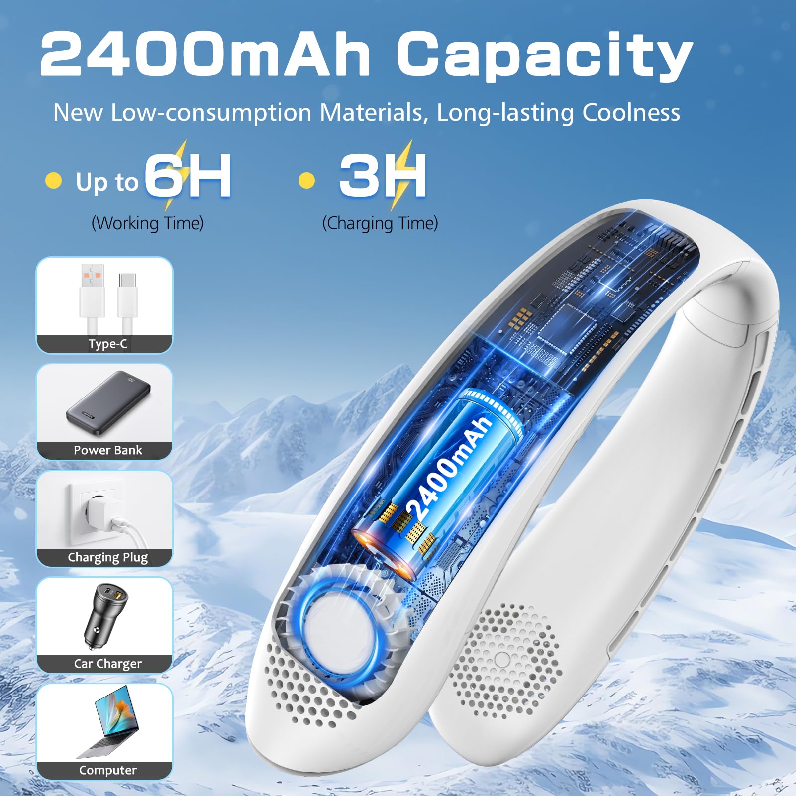 YAZEKY Ventilateur de Cou,Portable USB Ventilateur de cou sans lame Silencieux avec flux d’air à 360°,3 Vitesses Rechargeable Mini Ventilateur Personnel pour Bureau Domicile Voyage En Plein Air(Blanc)
