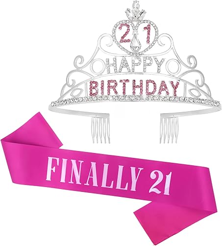 GAFATORY 21st Birthday Sash and Crown Set, Silver Happy Birthday Crown with Rhin