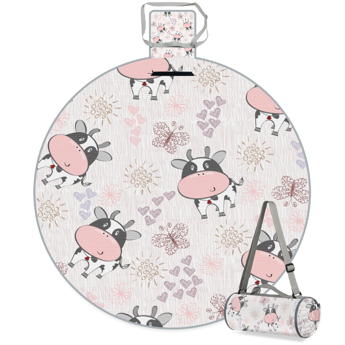 Shimoshe Love Butterfly Cow Picnic Outdoor Blanket Foldable Waterproof Sandproof Beach Blanket Portable Water-Resistant Round Picnic Mat for Travel Camping Park Lawn
