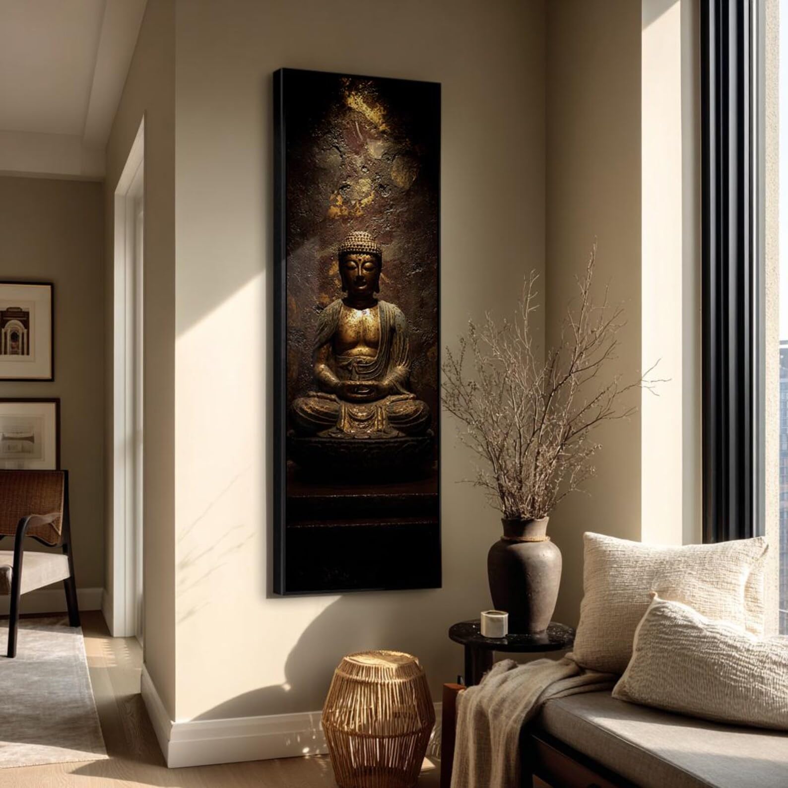 XBTYKPB Cuadro de Buda oscuro - Lienzo alto y estrecho para meditación - Decoración zen vertical, estudio de yoga - Pieza espiritual larga y delgada (60x180cm/sin marco)
