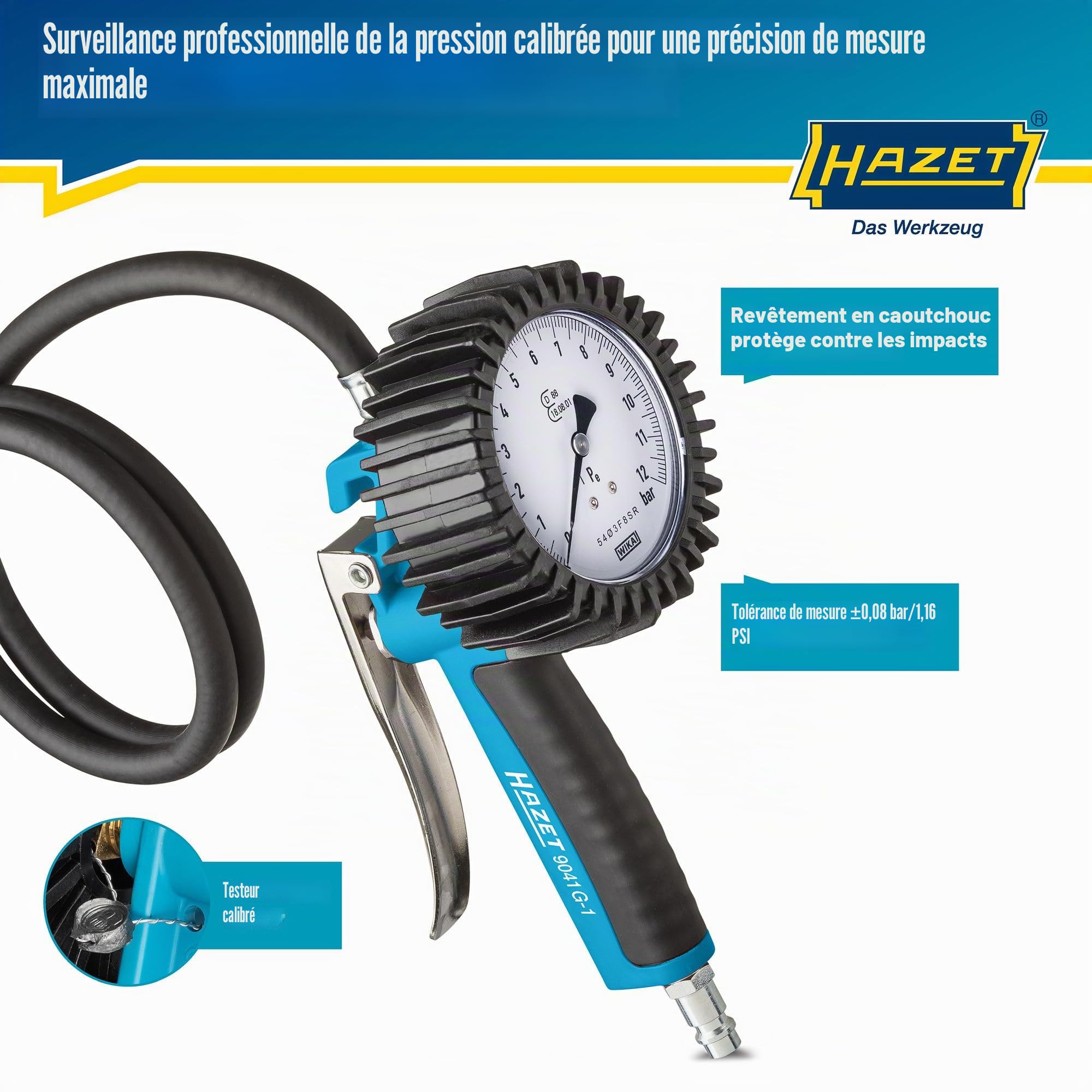 HAZET Gonfleur de pneus 9041G-1 I Calibré, plage de mesure du manomètre : 0-10 bar, longueur de tuyau : 1000 mm, manomètre : 80 mm I Contrôleur de pression des pneus pour voiture, moto, camion