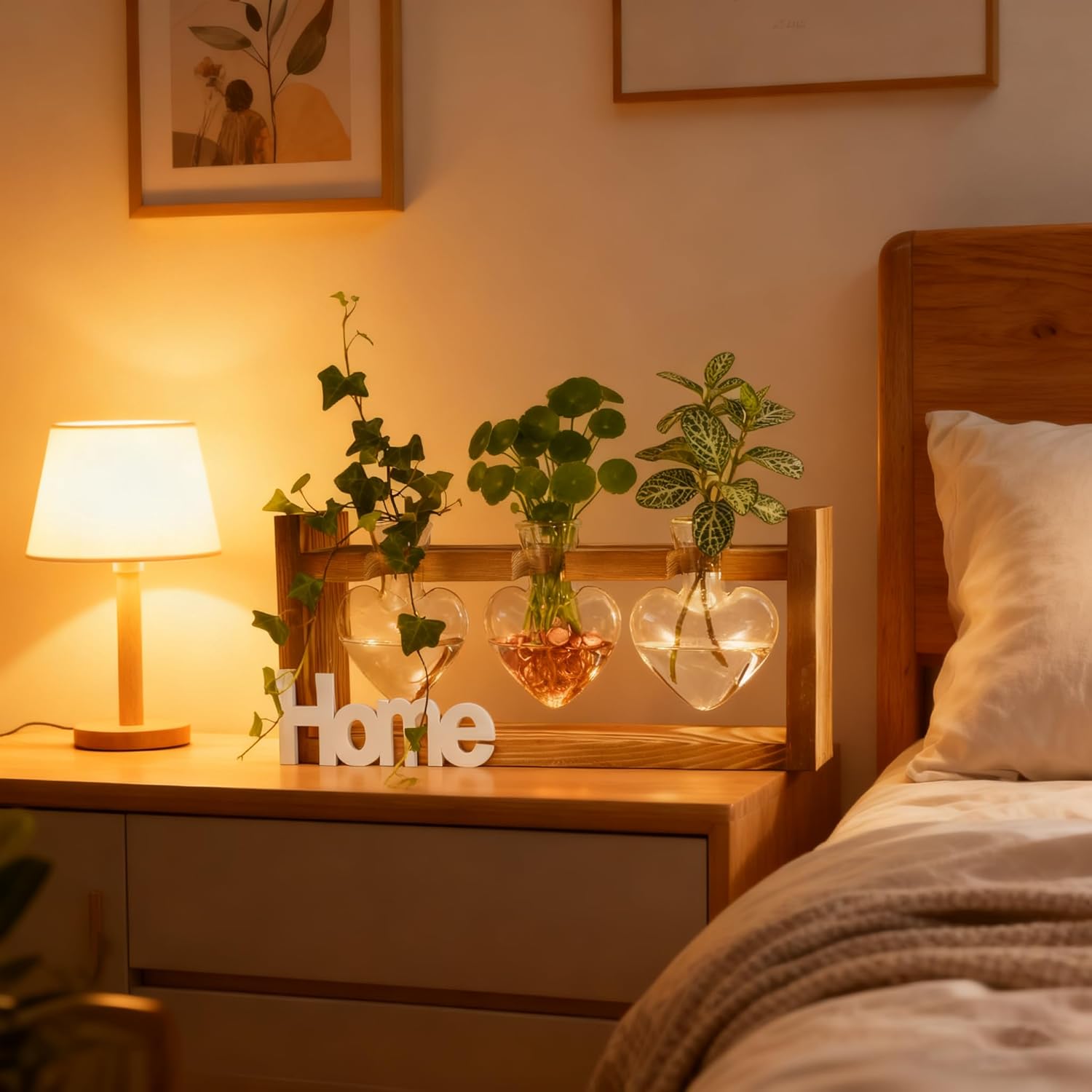 IBEUQEM Heart-Shaped Plant Propagation Station, 3 Glass Plant Terrarium with Wooden Stand, Starter, Propagation Station for Hydroponics Office Garden Home Decor, for Women Lovers - Image 6