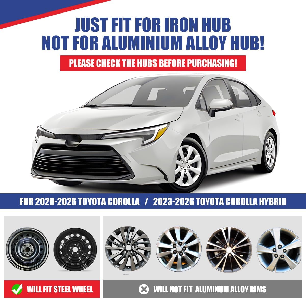 16 Inch Hubcaps Set of 4 Wheel Cover for Toyota Corolla 2020-2026, Toyota Corolla Hybrid 2023-2026(Only Fit for Steel Wheel) ABS & PC Material R16 Hub Caps Snap On Installation (Lacquer)