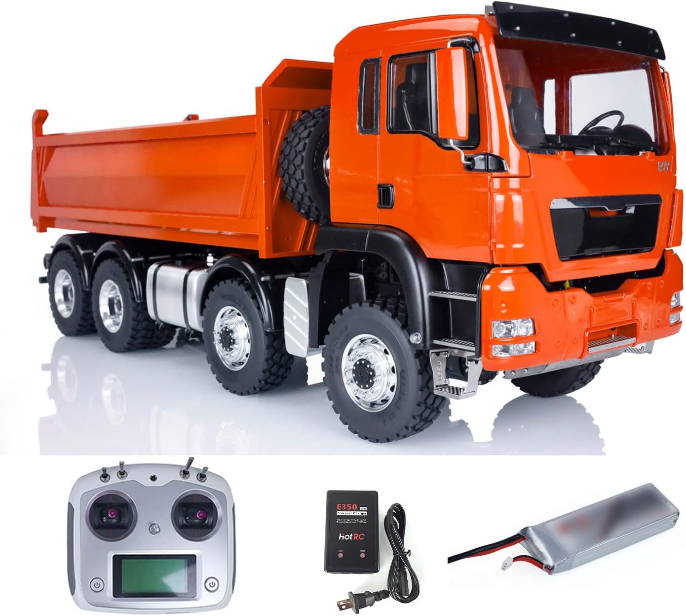 TOUCAN RC HOBBY 1/14 8x8 LESU Hydraulic RC Dump Truck with remote control, battery, and charger components