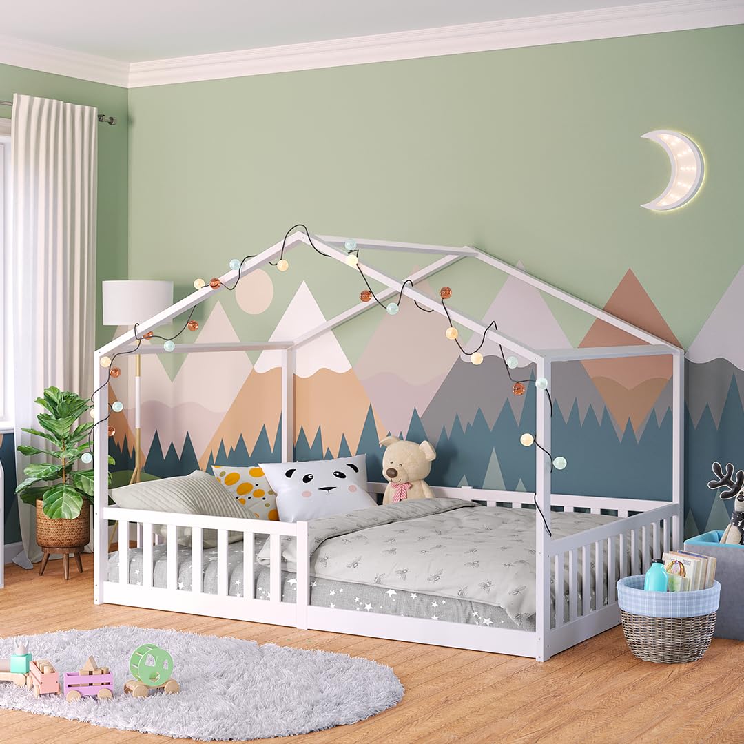 Bellabino Kinderbett 140x200 cm – Hausbett mit Rausfallschutz & Lattenrost – Montessori Bodenbett aus Massivholz Kiefer – Weiß