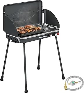 Outsunny Barbacoa de Gas Portátil 2 en 1, Barbacoa de Gas Propano 7 kW de Mesa o de Pie con Plancha Grande, Patas Desmontables, Protectores de Viento, para Picnic, Camping, Negro