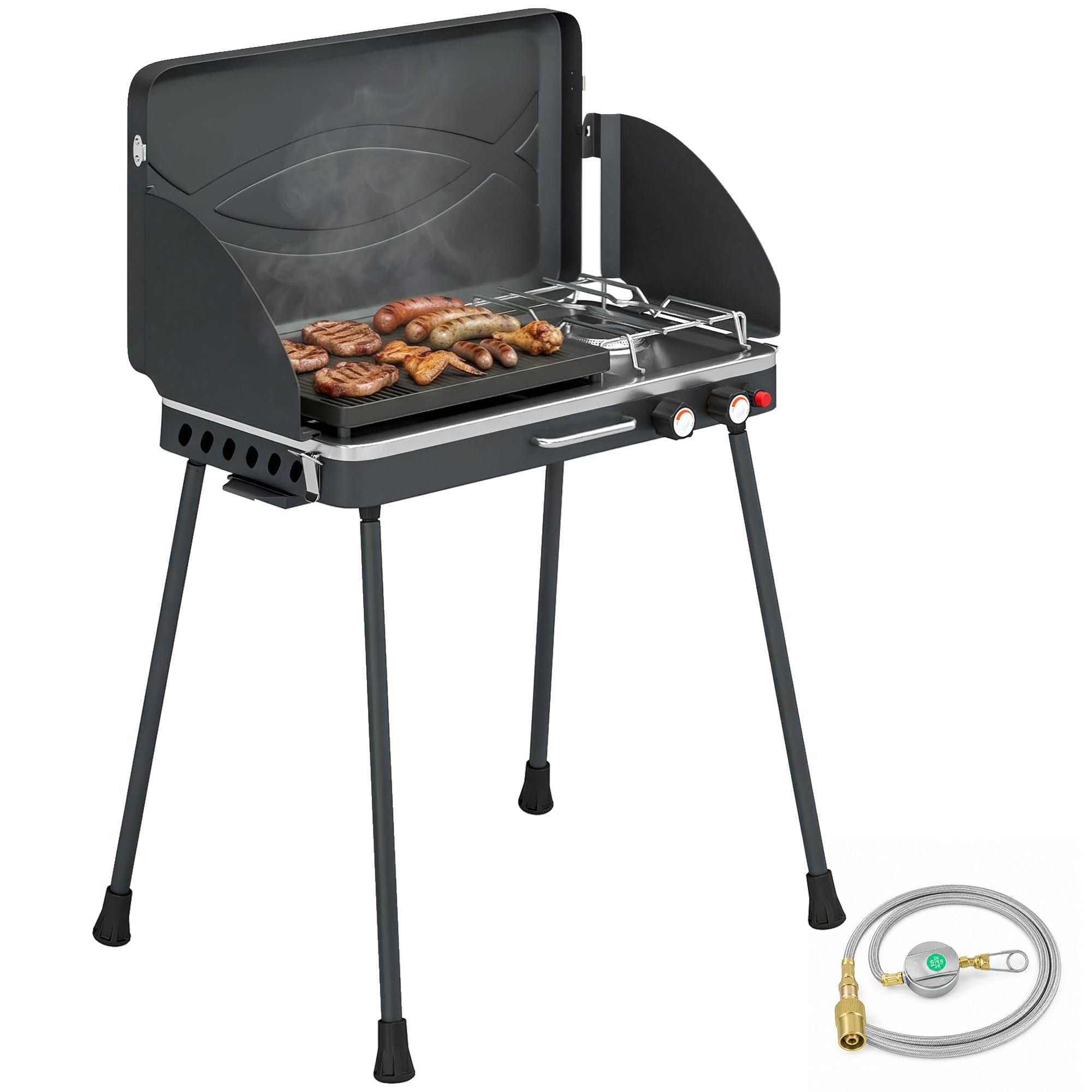 Outsunny Gasgrill Campingkocher 2 in 1 tragbar schwarz | 2 Brenner 7 kW, LPG-Gasgrill mit Platte, abnehmbare Beine, Windschutz, Griff, für BBQ Picknick Garten