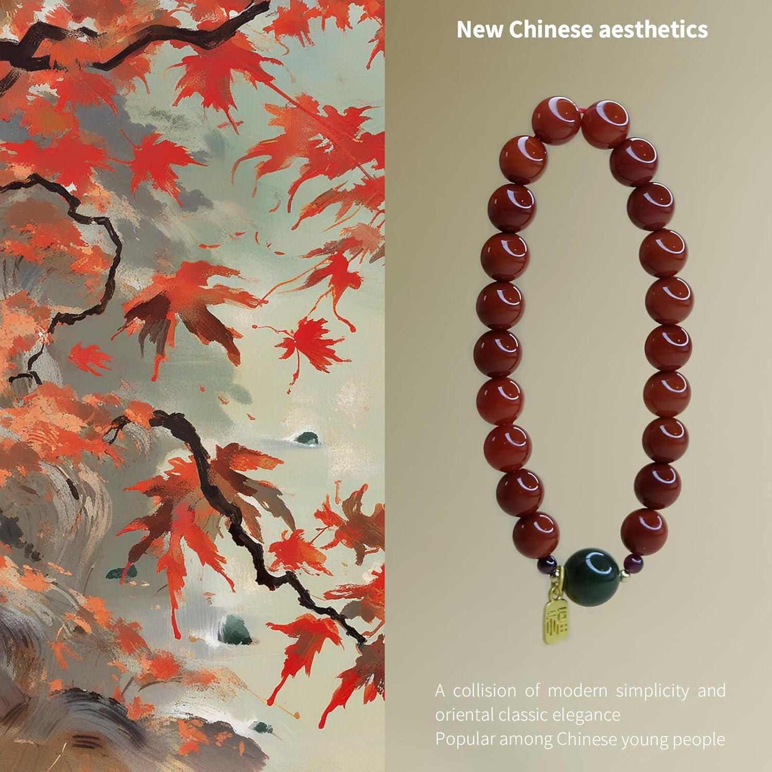 Natural Southern Red Agate Single-Circle Bracelet with Hetianyu Accent & "Good Fortune" Gilded Pendant, Chinese-Style Auspicious Jewelry for Luck & Wealth, Women’s Retro Elegant Beaded Bracelet Gift - Image 8