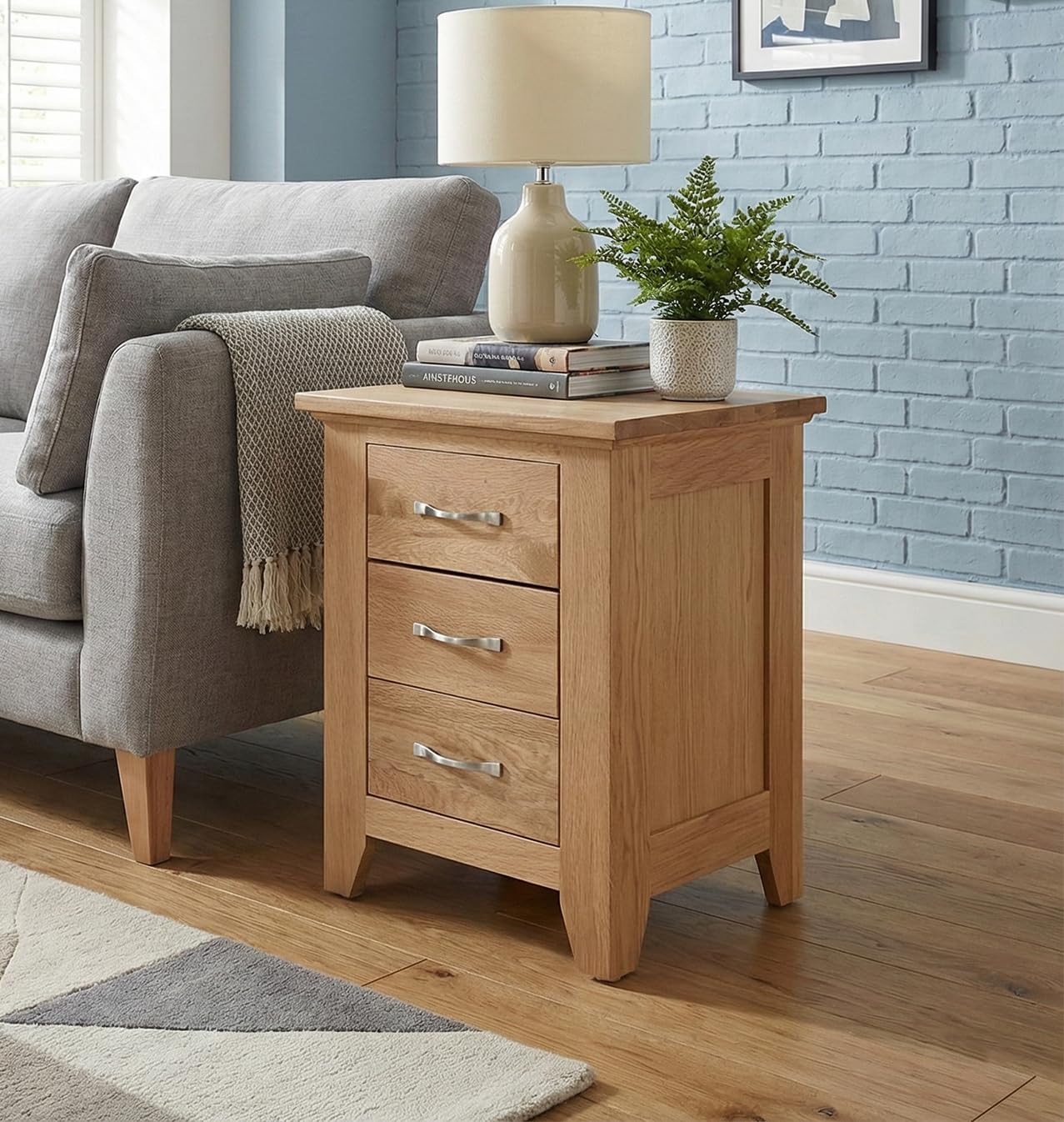 – Camberley Oak Bedside Table with 3 Drawers in Light Oak Finish, Telephone Table, Solid Wooden Side Tables for Living Room, Hallway and Bedroom, Wooden Night Stand