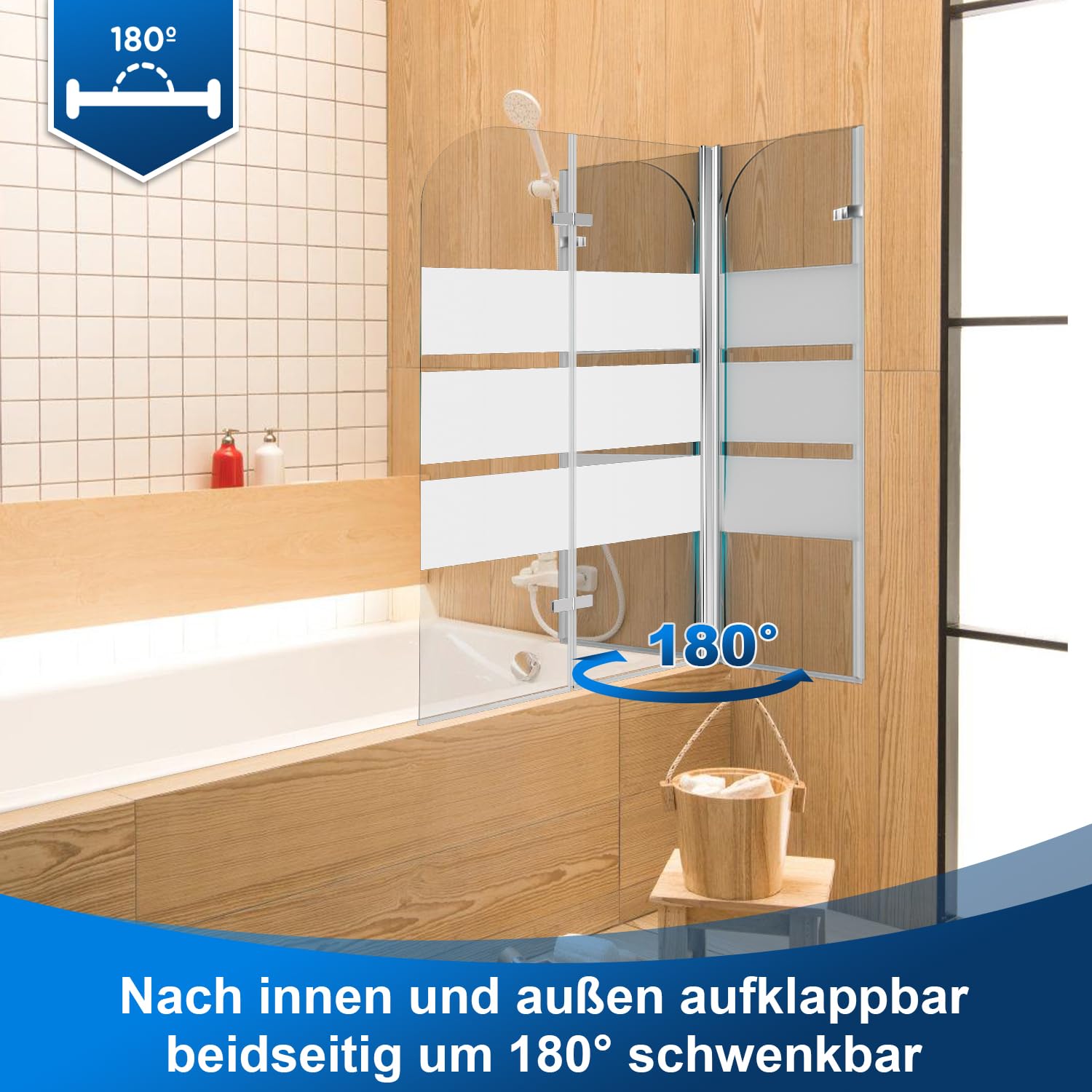 Mampara para bañera, 100x140cm 2 piezas Plegable Mampara de ducha para bañera, 6mm de vidrio de seguridad ESG, Mampara de bañera con tiras blancas, Mampara de vidrio para bañera con accesorio