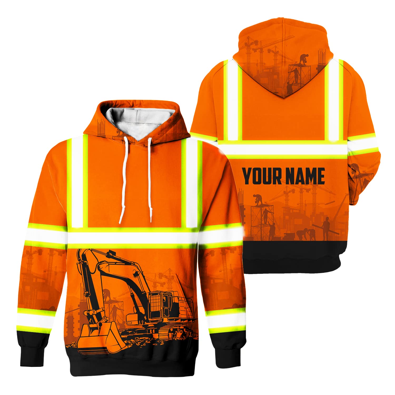 Matedecor Safety Hoodie Orange Excavator Operator Customize Name High Visibility Hoodie for Men Reflective Hoodie Hi Vis Hoodie Workwear for Runners, Walkers, Trucker, Operator, Patriotic-XL