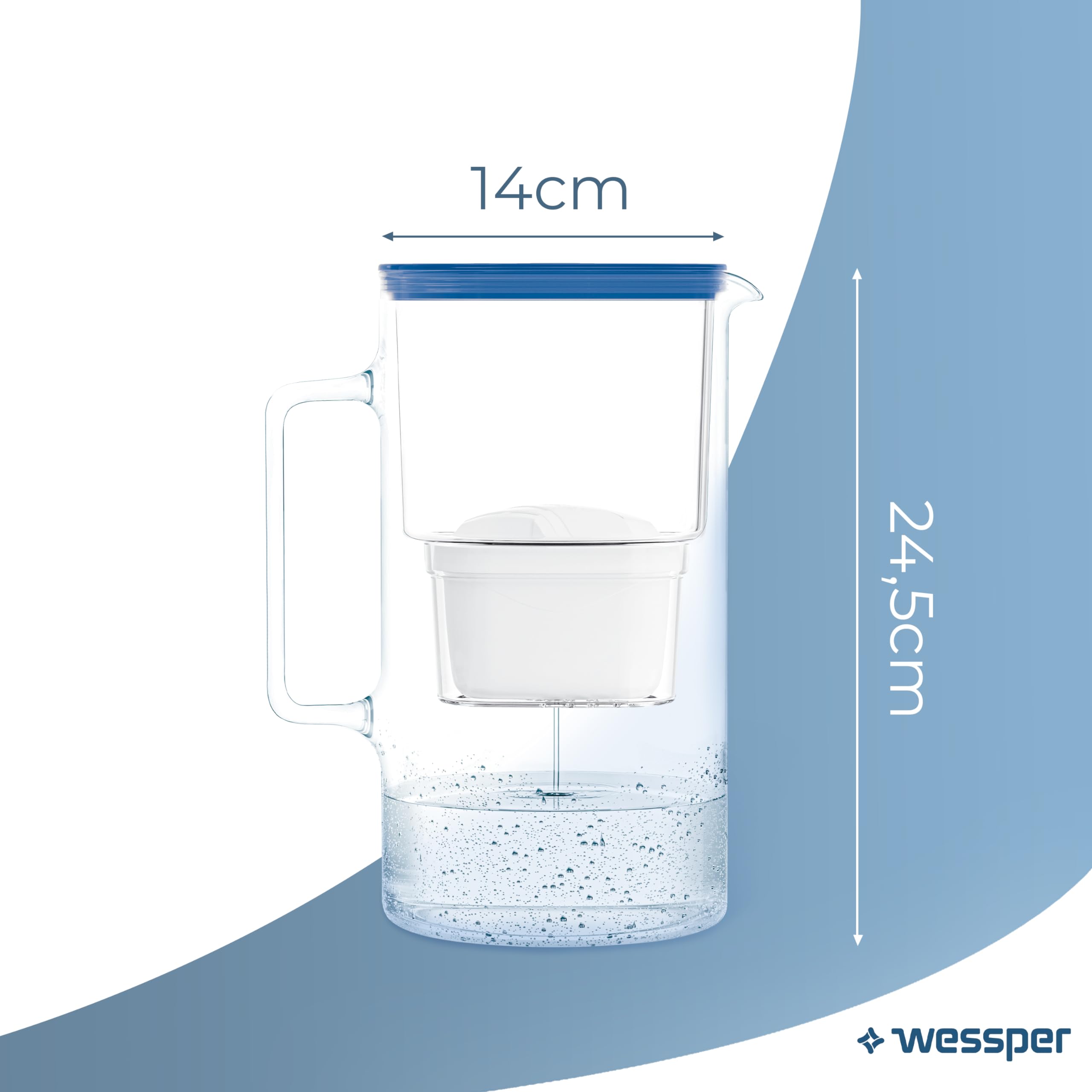 Wessper Dzbanek z filtrem do wody z wyświetlaczem LED 3,3 l, szklany dzbanek na wodę z filtrem z węglem aktywnym, dzbanek na wodę z wkładami filtrującymi do wody pitnej, bez BPA, niebieski | Filtr do wody, filtr do wody z węglem aktywnym, redukuje chlor i
