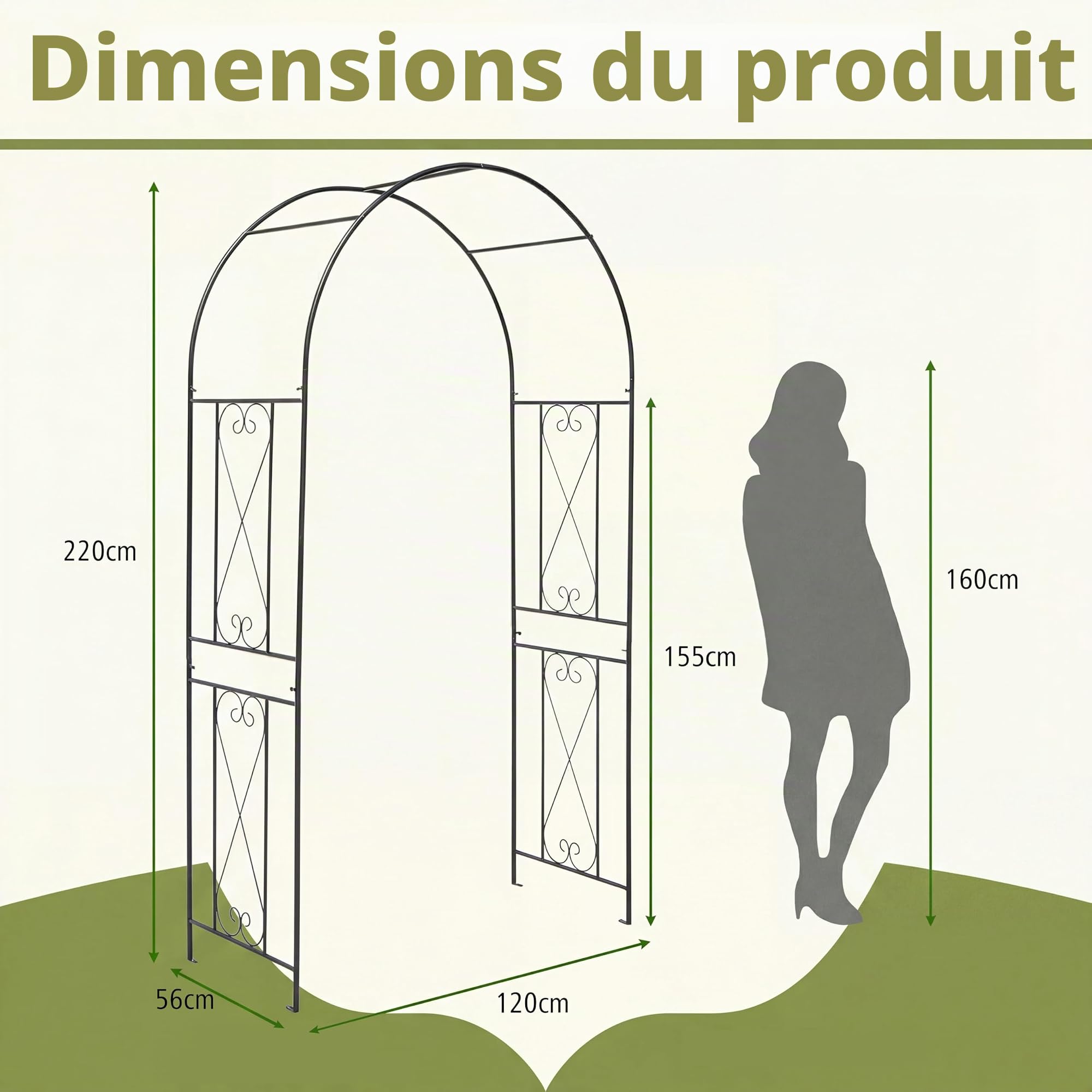 HOMASIS Arche de Jardin pour Plantes Grimpantes, Tonnelle incurvée de Mariage avec Treillis, 4 Piquets de Sol, Décoration pour Intérieur Extérieur, Noir (120 x 56 x 220 cm)