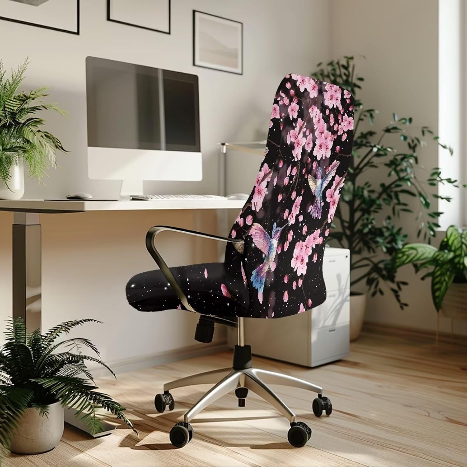 Talayituse Hummingbird Cherry Blossom Print Computer Office Chair Covers, Soft Fit Universal Desk Rotating Chair Slipcovers, Removable Washable Anti-Dust Spandex Chair Protector Cover, Large