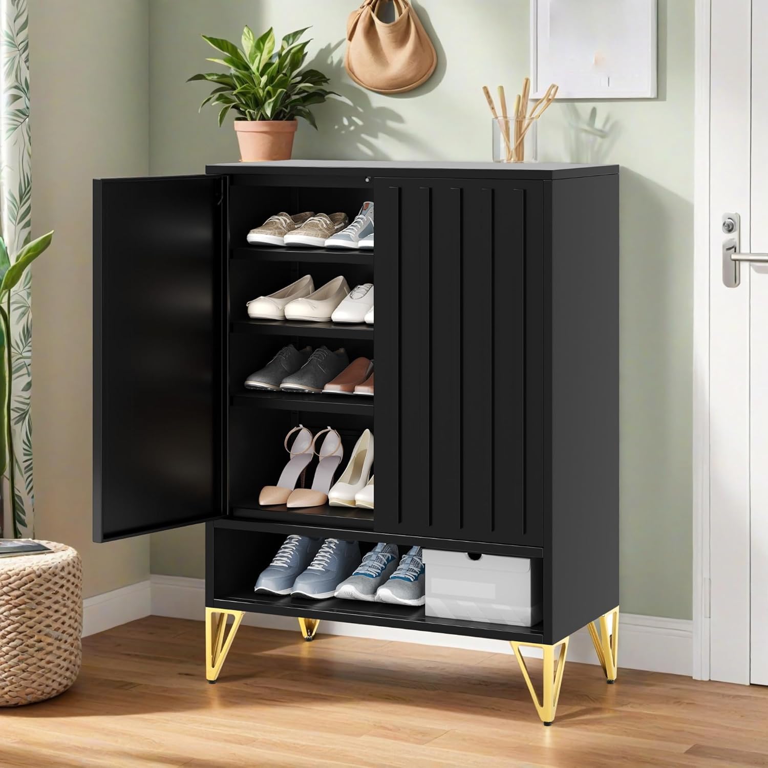 5-Tier Fluted Shoe Cabinet with Doors, Steel Shoe Rack with Adjustable Shelves, Modern Entryway Organizer Storage Cabinet for Hallway, Foyer, Living Room, Black & Golden