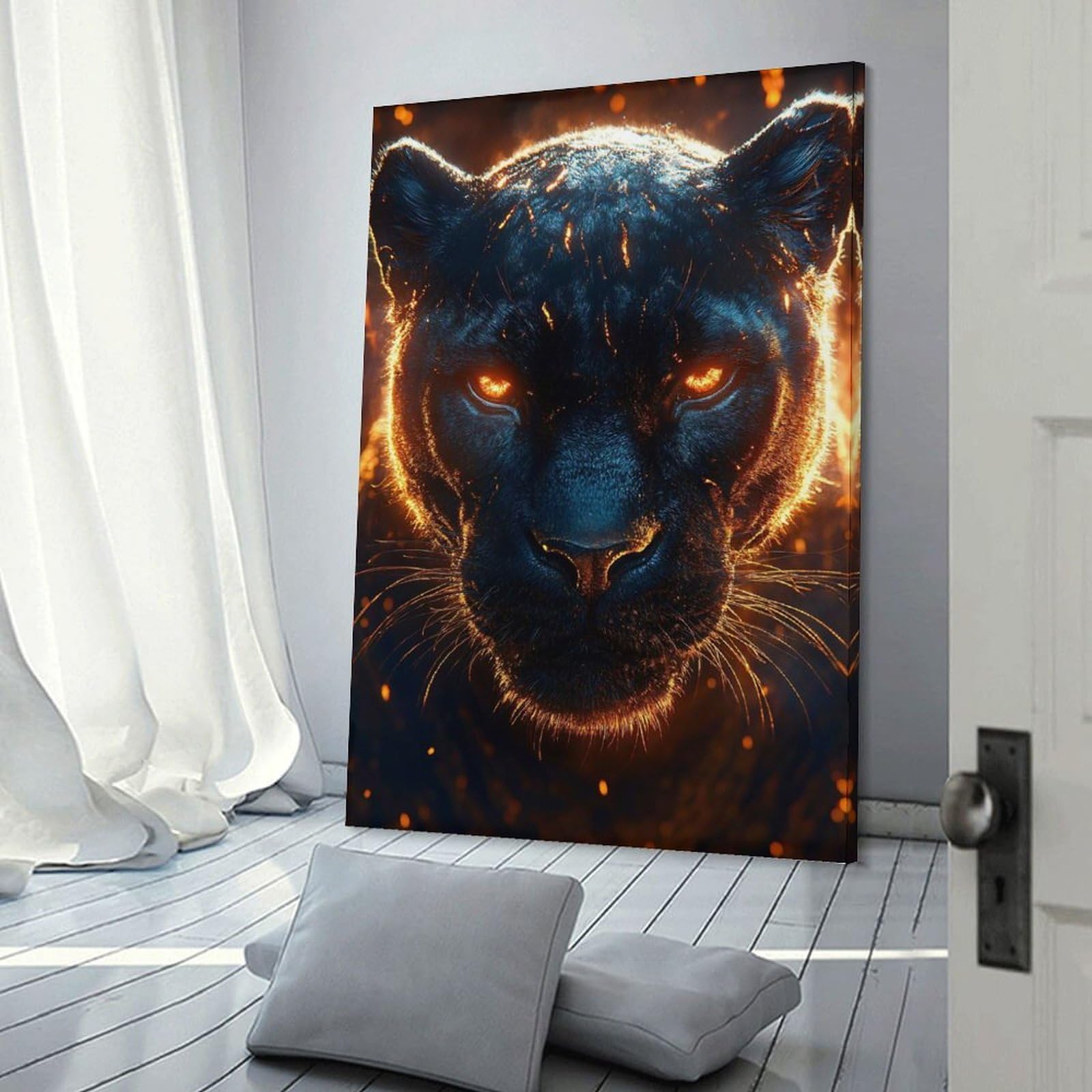 Junmoney Frame-Style-21 Fiery Black Panther Portrait Canvas Wall Decor, 12X18inch(30X45cm), For Flats, Guest Rooms Or Compact Rooms, Decorative Canvas Decor For Home Updates