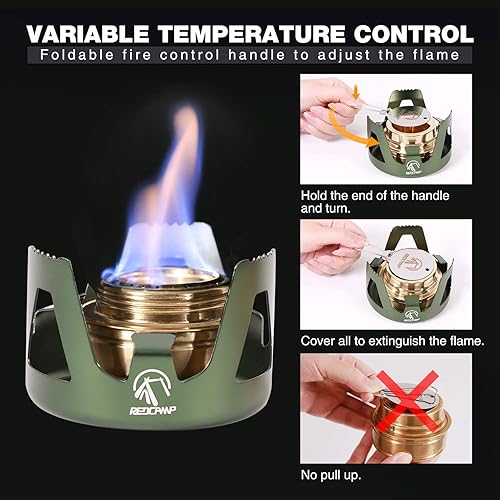 Miniatura 5 de REDCAMP Mini estufa de alcohol para mochileros, quemador de alcohol ligero de latón con soporte de aluminio para camping y senderismo, verde