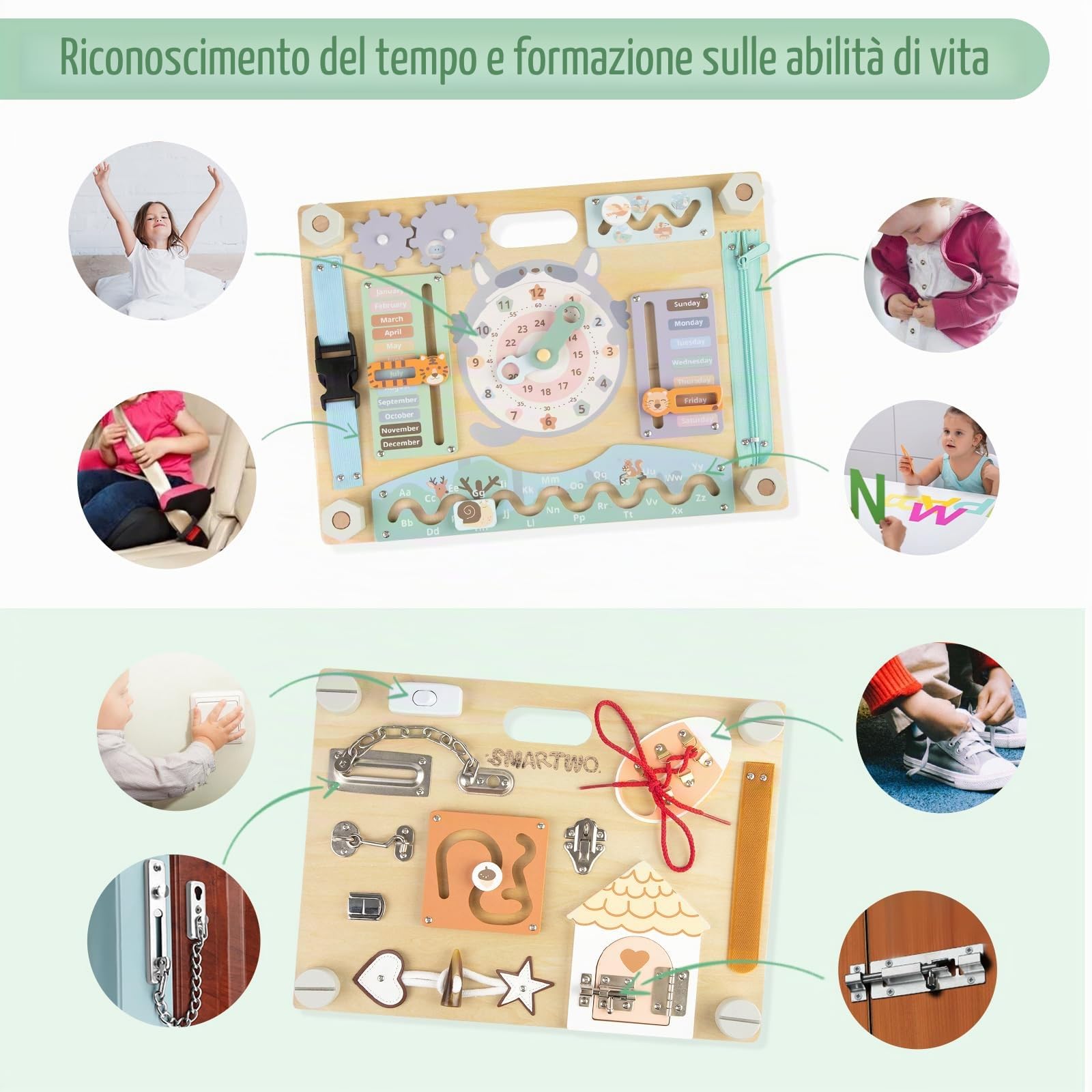 Tavola Montessori in Legno, Busy Board per Bambini 3 4 5 Anni, Pannello Sensoriale Montessoriana Bifacciale con 20 attività, Giochi Educativi, Giocattoli Viaggio, Regalo Bambini Bambina