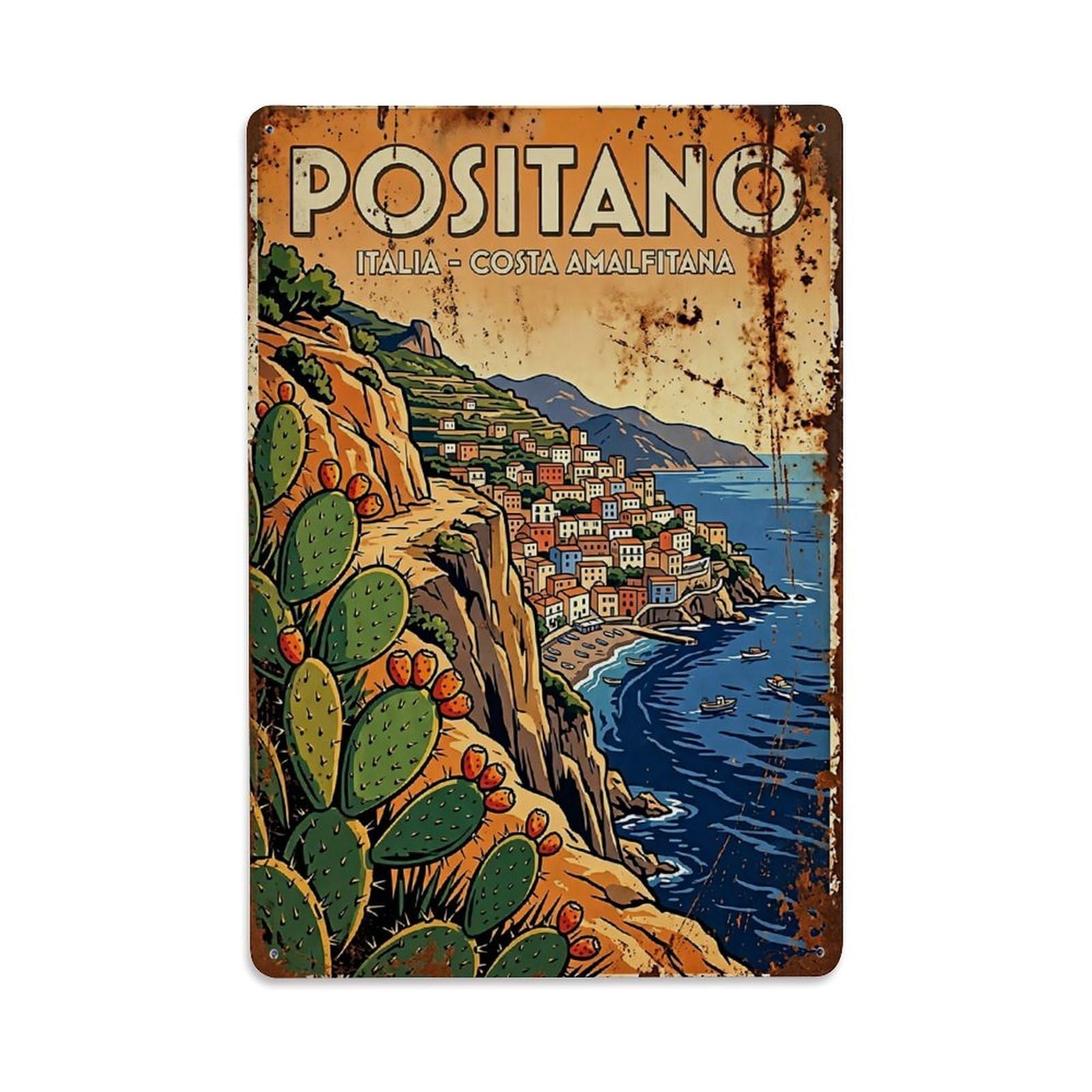 Huiyhb 8X12inch(20X30cm) Vintage Travel Positano Italy Cactus Cliff Heat Metal Tin Sign