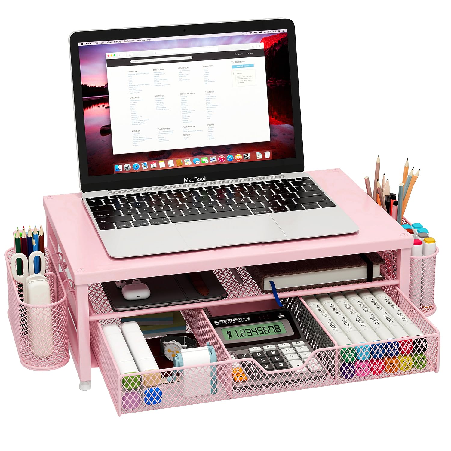 Monitor Stand Riser Metal, Office Desk riser with shelf Organizer, Office Organization ,Desk Organizer with Drawer and Pen Holder, 2-Tier Computer Stand, for iMac, PS4, PC, Printer, Notebook (Pink)-image-26