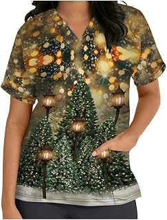 Christmas Scrubs_Shirts for Women Medical Scrub_Tops Working Uniform T-Shirt Christmas Tree Print V-Neck Blouses