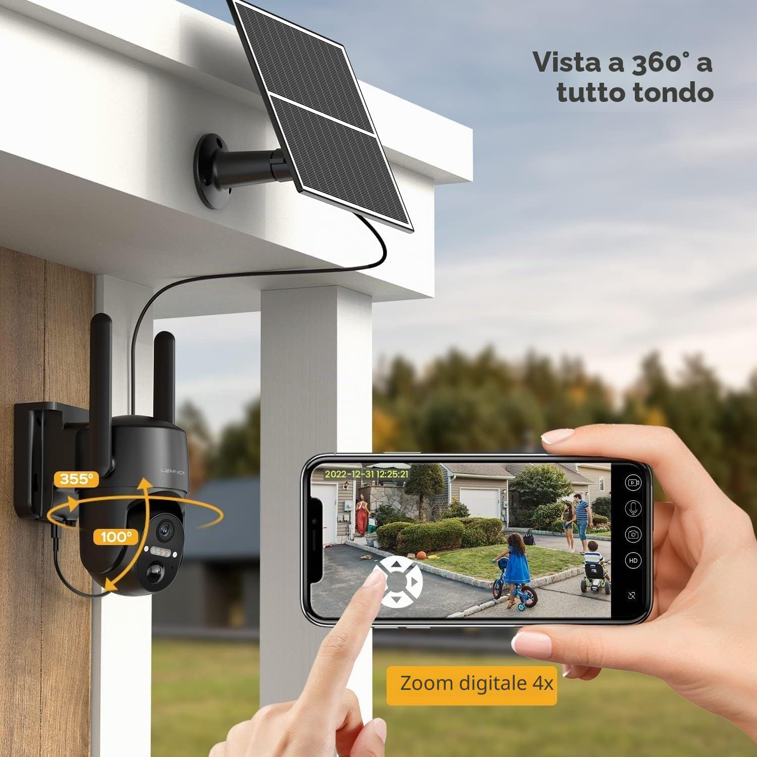 LEMNOI 4G Solare Telecamera con SIM Preinstallato, 2K HD, Impermeabile | Telecamera 2K PTZ Esterna con Pannello Solare, Visione Notturna a Colori, Rilevamento PIR, Accesso Remoto