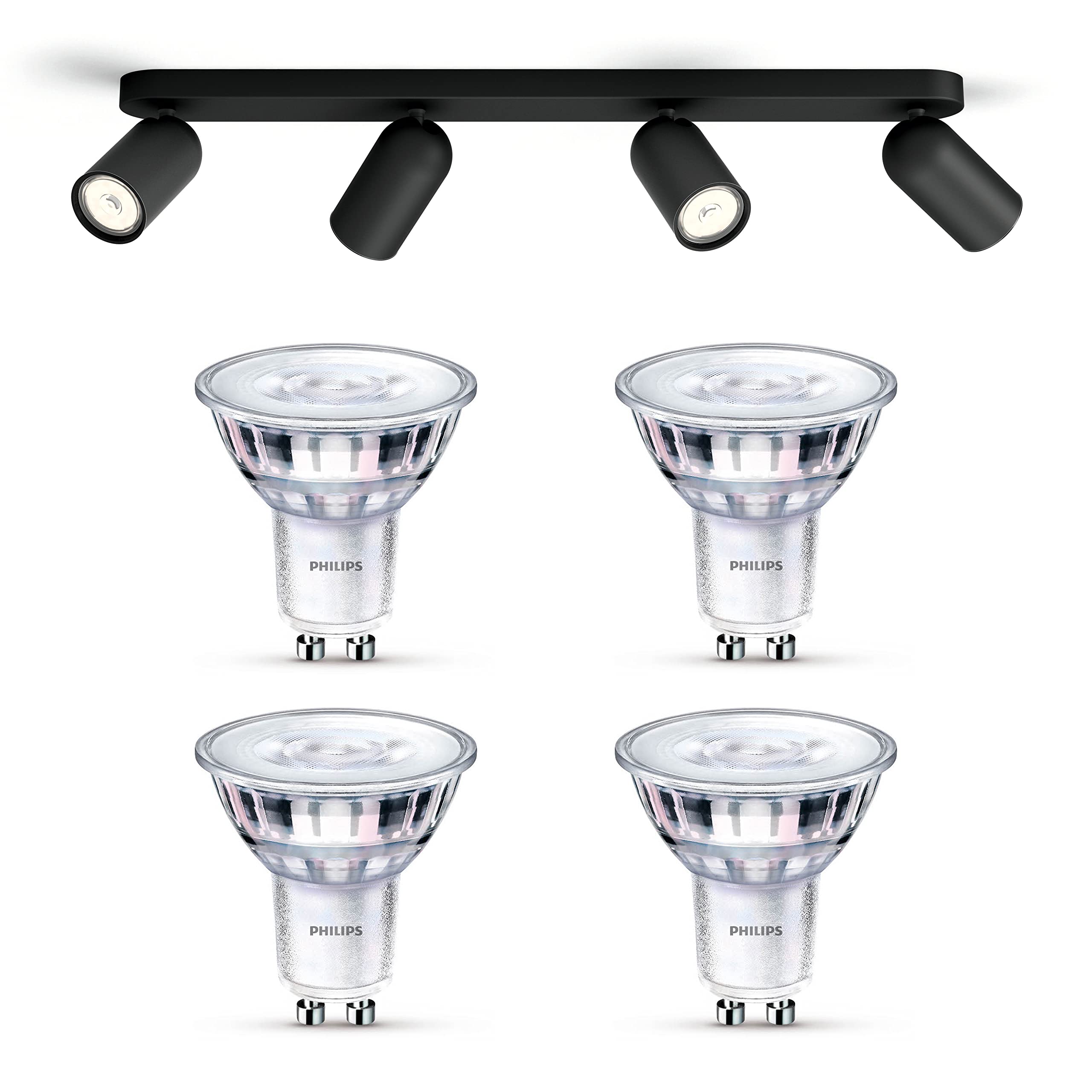 Philips myLiving PONGEE Foco de superficie - Negro - 4 puntos de luz - incl. Philips LED Scene Switch Gu10 50W - Blanco